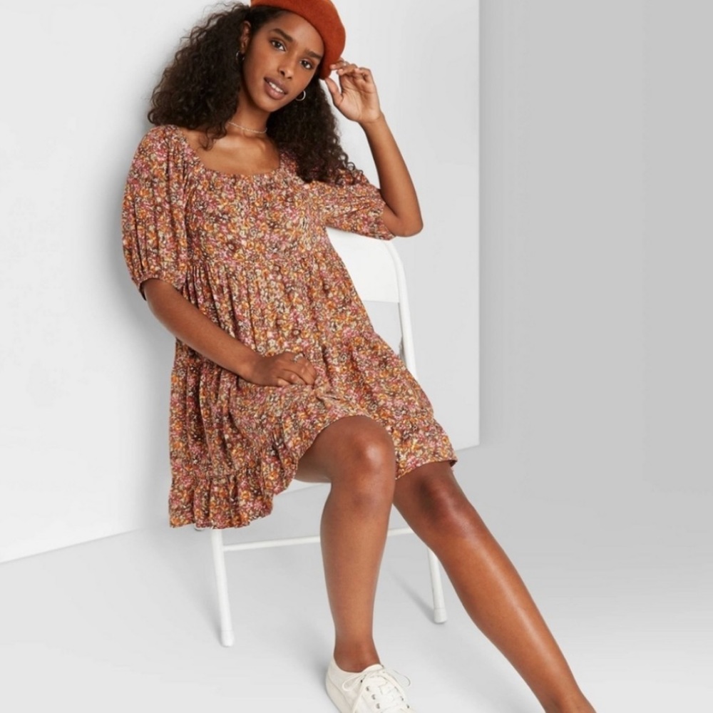 Brown, pink, orange, yellow, green multi-colored flowy dress